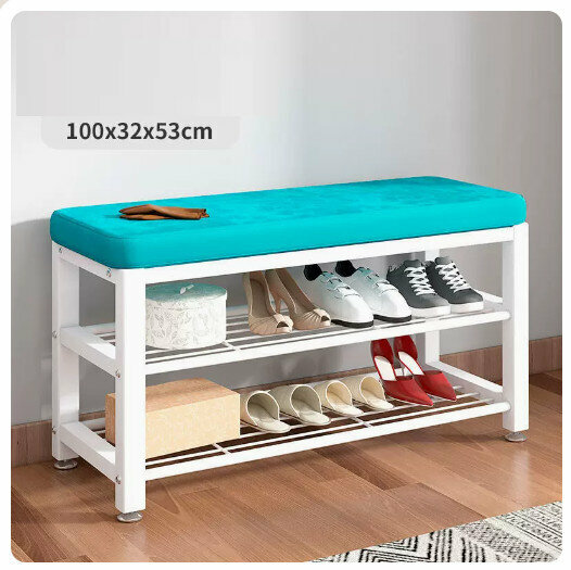 Popular floor-standing clothes rack, shoe cabinet and shoe stool integrated combination [100CM shoe stool + ordinary model [white rack-blue] (size: 100*32*53CM)
