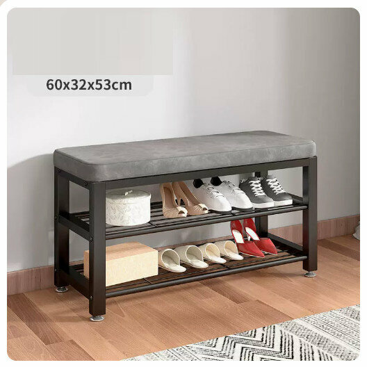 Popular floor-standing clothes rack, shoe cabinet and shoe stool integrated combination [60CM shoe stool + ordinary model [black rack-grey] (size: 60*32*53CM)