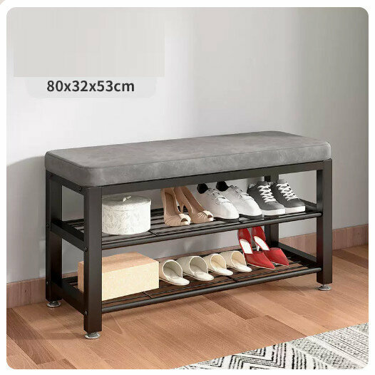 Popular floor-standing clothes rack, shoe cabinet and shoe stool integrated combination [80CM shoe stool + ordinary model [black rack-grey] (size: 80*32*53CM)