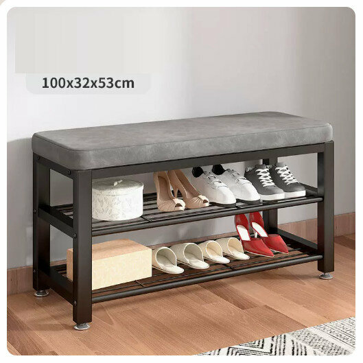 Popular floor-standing clothes rack, shoe cabinet and shoe stool integrated combination [100CM shoe stool + ordinary model [black rack-grey] (size: 100*32*53CM)