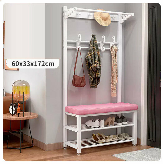 Popular floor-standing clothes rack, shoe cabinet and shoe stool integrated combination [60CM coat rack + shoe stool [white rack-pink] (size: 60*33*172CM)