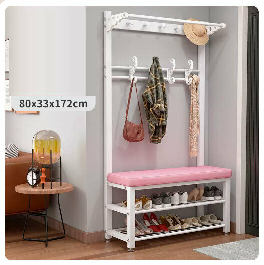 Popular floor-standing clothes rack, shoe cabinet and shoe stool integrated combination [80CM coat rack + shoe stool [white rack-pink] (size: 80*33*172CM)