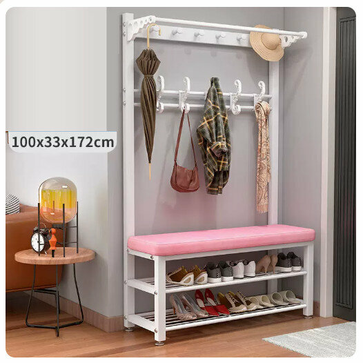 Popular floor-standing clothes rack, shoe cabinet and shoe stool integrated combination [100CM coat rack + shoe stool [white rack-pink] (size: 100*33*172CM)