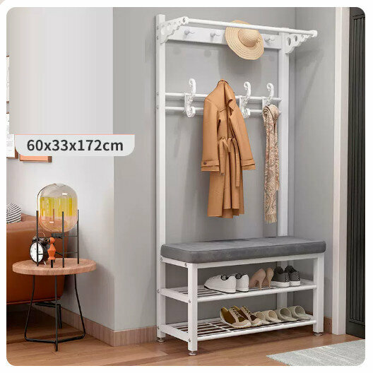 Popular floor-standing clothes rack, shoe cabinet and shoe stool integrated combination [60CM coat rack + shoe stool [white rack - gray] (size: 60*33*172CM)