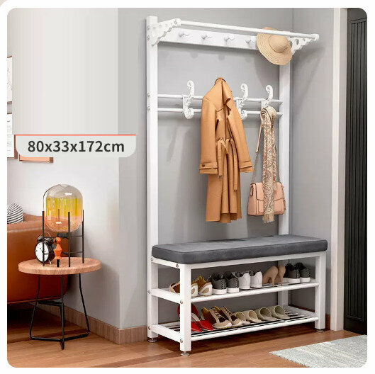 Popular floor-standing clothes rack, shoe cabinet and shoe stool integrated combination [80CM coat rack + shoe stool [white rack - gray] (size: 80*33*172CM)