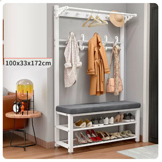 Popular floor-standing clothes rack, shoe cabinet and shoe stool integrated combination [100CM coat rack + shoe stool [white rack - gray] (size: 100*33*172CM)