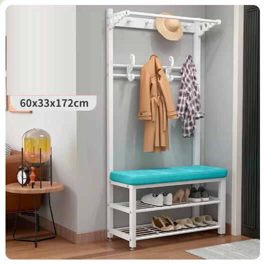 Popular floor-standing clothes rack, shoe cabinet and shoe stool integrated combination [60CM coat rack + shoe stool [white rack-blue] (size: 60*33*172CM)