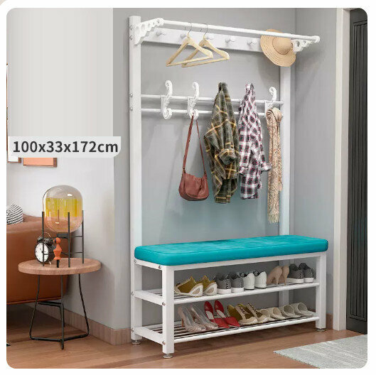 Popular floor-standing clothes rack, shoe cabinet and shoe stool integrated combination [100CM coat rack + shoe stool [white rack-blue] (size: 100*33*172CM)