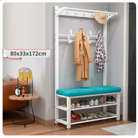 Popular floor-standing clothes rack, shoe cabinet and shoe stool integrated combination [80CM coat rack + shoe stool [white rack-blue] (size: 80*33*172CM)