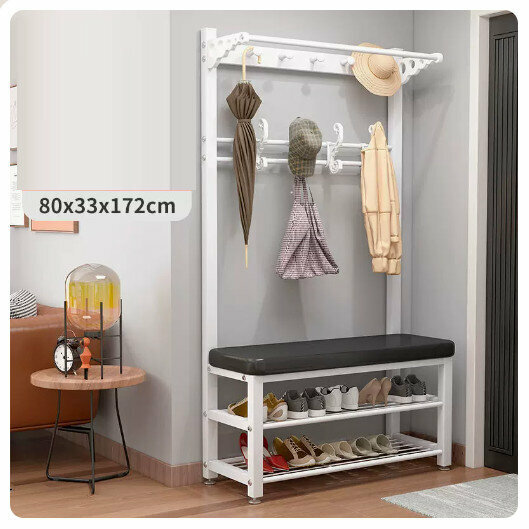 Popular floor-standing clothes rack, shoe cabinet and shoe stool integrated combination [80CM coat rack + shoe stool [white rack - black leather] (size: 80*33*172CM)