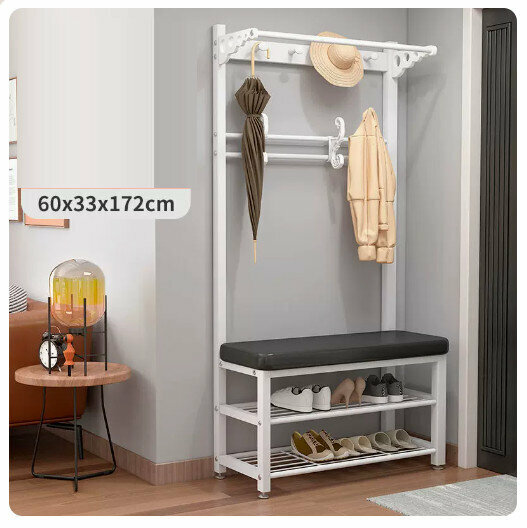 Popular floor-standing clothes rack, shoe cabinet and shoe stool integrated combination [60CM coat rack + shoe stool [white rack - black leather] (size: 60*33*172CM)