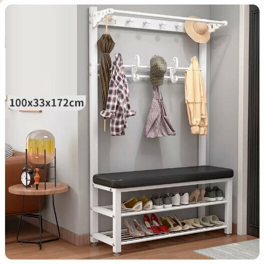 Popular floor-standing clothes rack, shoe cabinet and shoe stool integrated combination [100CM coat rack + shoe stool [white rack - black leather] (size: 100*33*172CM)