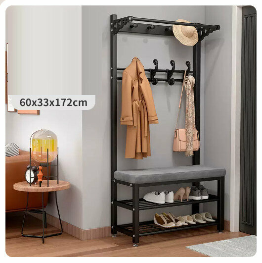 Popular floor-standing clothes rack, shoe cabinet and shoe stool integrated combination [60CM coat rack + shoe stool [black rack-grey] (size: 60*33*172CM)