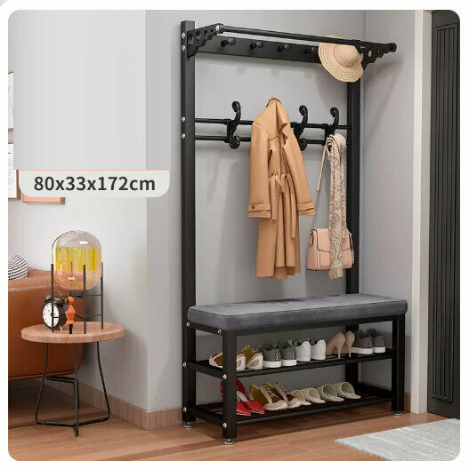 Popular floor-standing clothes rack, shoe cabinet and shoe stool integrated combination [80CM coat rack + shoe stool [black rack-grey] (size: 80*33*172CM)