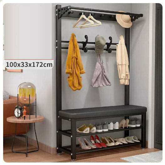 Popular floor-standing clothes rack, shoe cabinet and shoe stool integrated combination [100CM coat rack + shoe stool [black rack-black leather] (size: 100*33*172CM)