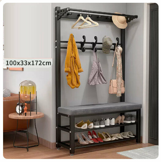 Popular floor-standing clothes rack, shoe cabinet and shoe stool integrated combination [100CM coat rack + shoe stool [black rack-grey] (size: 100*33*172CM)