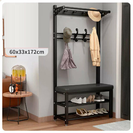Popular floor-standing clothes rack, shoe cabinet and shoe stool integrated combination [60CM coat rack + shoe stool [black rack-black leather] (size: 60*33*172CM)