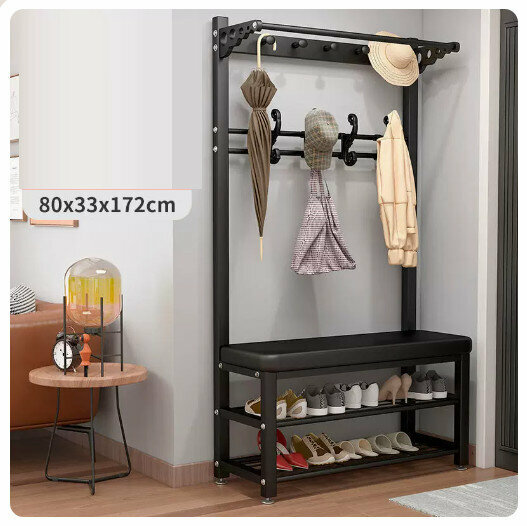 Popular floor-standing clothes rack, shoe cabinet and shoe stool integrated combination [80CM coat rack + shoe stool [black rack-black leather] (size: 80*33*172CM)