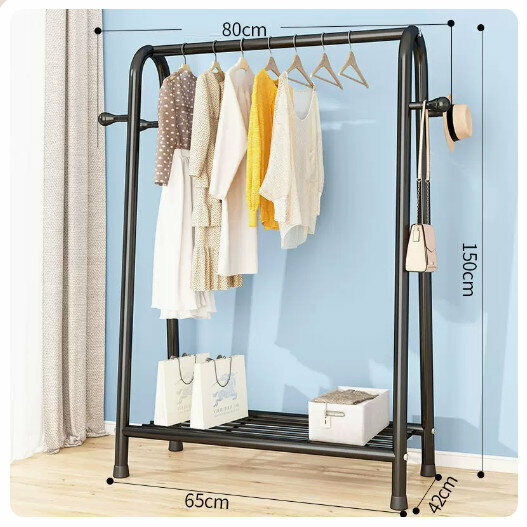 Popular clothes drying rack clothes drying rod [80cm-black [single net + coat hook] (size: 80*42*150CM)