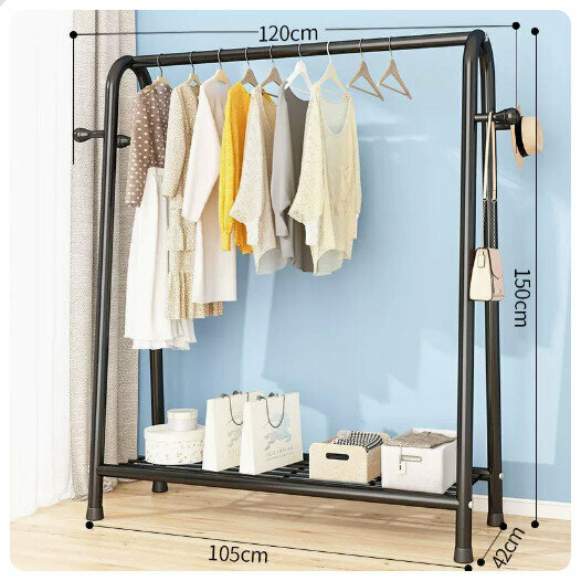 Popular clothes drying rack clothes drying rod [120cm-black [single net + coat hook] (size: 120*42*150CM)