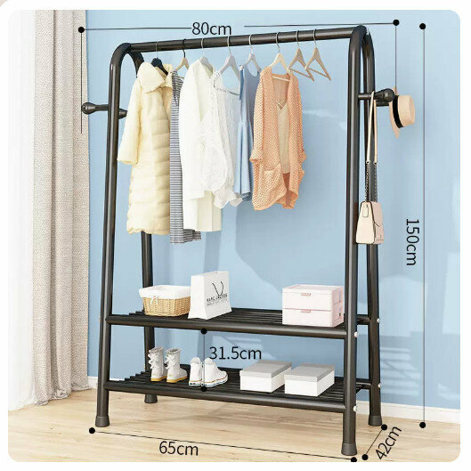 Popular clothes drying rack clothes drying rod [80cm-black [double net + coat hook] (size: 80*42*150CM)