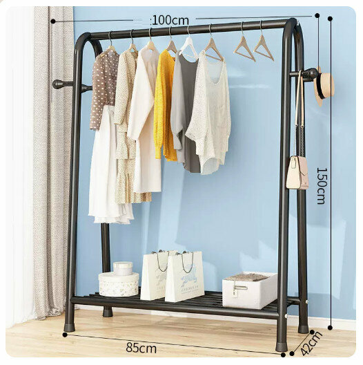 Popular clothes drying rack clothes drying rod [100cm-black [single net + coat hook] (size: 100*42*150CM)