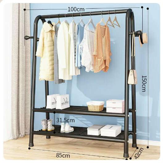 Popular clothes drying rack clothes drying rod [100cm-black [double net + coat hook] (size: 100*42*150CM)