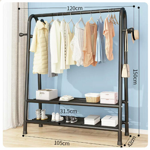 Popular clothes drying rack clothes drying rod [120cm-black [double net + coat hook] (size: 120*42*150CM)