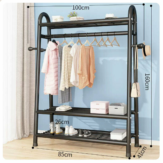 Popular clothes drying rack clothes drying rod [100cm-black [three-layer heightening + double-sided hooks] (size: 100*41*160CM)
