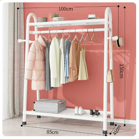 Popular clothes drying rack clothes drying rod [100cm-white [three-layer heightening + double-sided hooks] (size: 100*41*160CM)