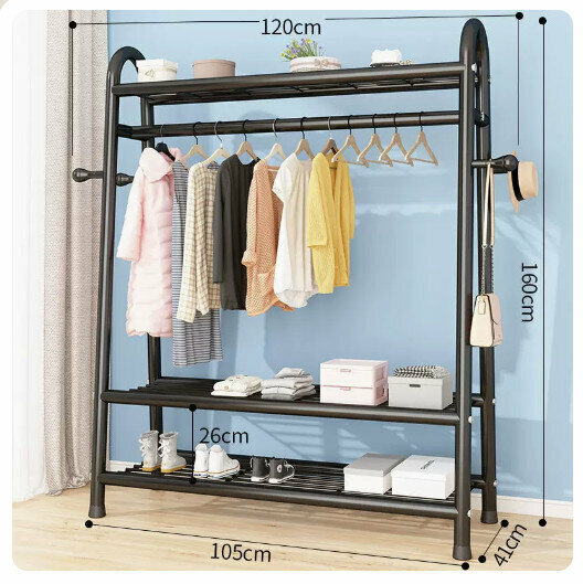 Popular clothes drying rack clothes drying rod [120cm-black [three-layer heightening + double-sided hooks] (size: 120*41*160CM)