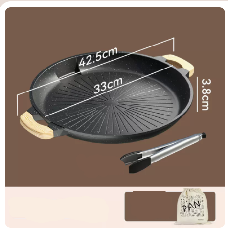 Popular grilled pan cassette oven barbecue pan wheat rice stone non-stick anti-scalding portable grill pan plus steak clip (black) induction cooker/open flame universal 33cm