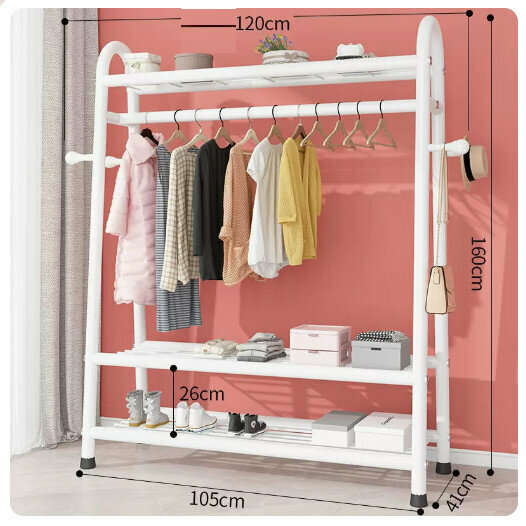Popular clothes drying rack clothes drying rod [120cm-white [three-layer heightening + double-sided hooks] (size: 120*41*160CM)