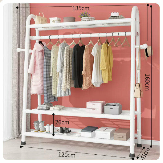 Popular clothes drying rack clothes drying rod [135cm-white [three-layer heightening + double-sided hooks] (size: 135*41*160CM)