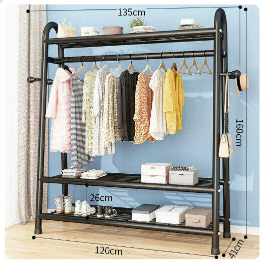 Popular clothes drying rack clothes drying rod [135cm-black [three-layer heightening + double-sided hooks] (size: 135*41*160CM)