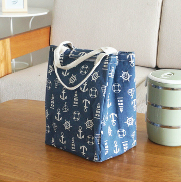 爆款時尚可愛便當手提袋保溫包【深藍船錨】【規格：20*16*26cm】