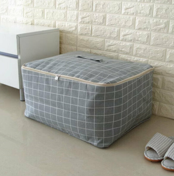New zippered foldable storage bag [gray plaid - medium size] [size: 49*40*24cm]