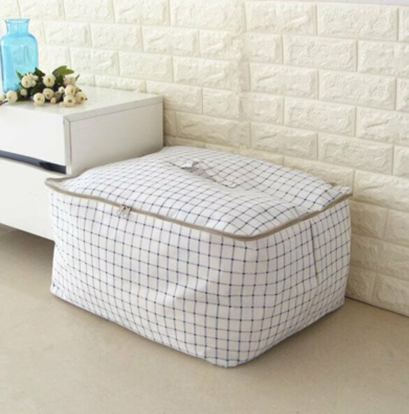 New zipper style foldable storage bag [Blue grid-extra large] [Specification: 60*49*29cm]