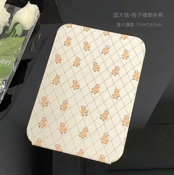 新款可折疊桌面臺式化妝鏡（超大號-格子愉快熊）