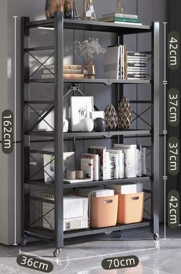 New home installation-free folding multi-layer storage rack (black - five layers) (size: length 70 width 36 height 162CM)