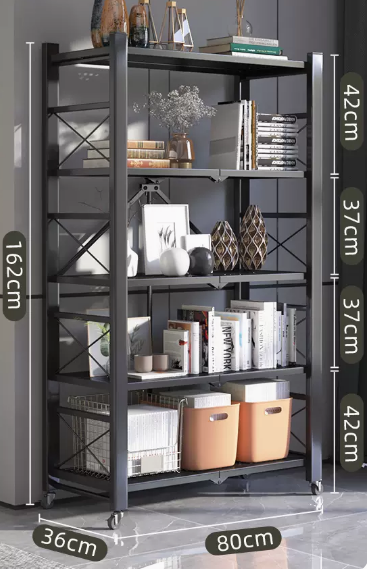 New home installation-free folding multi-layer storage rack (black - five layers) (size: length 80 width 36 height 162CM)