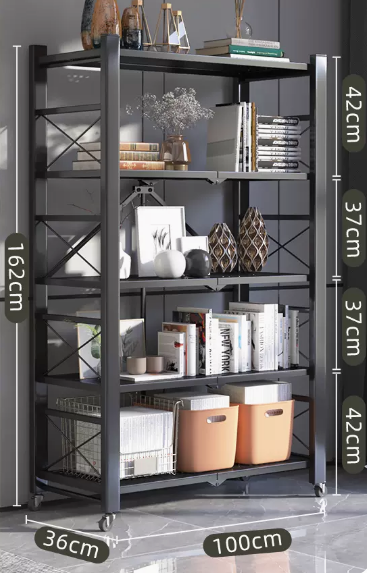 New household installation-free folding multi-layer storage rack (black - five layers) (size: length 100 width 36 height 162CM)