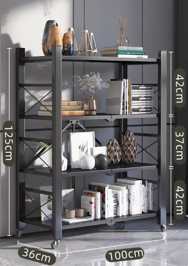 New household installation-free folding multi-layer storage rack (black - four layers) (size: length 100 width 36 height 125CM)