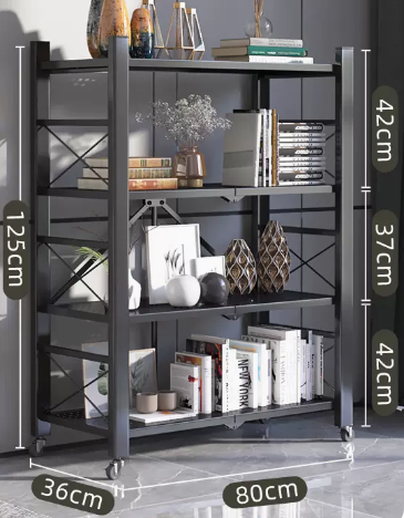 New household installation-free folding multi-layer storage rack (black - four layers) (size: length 80 width 36 height 125CM)