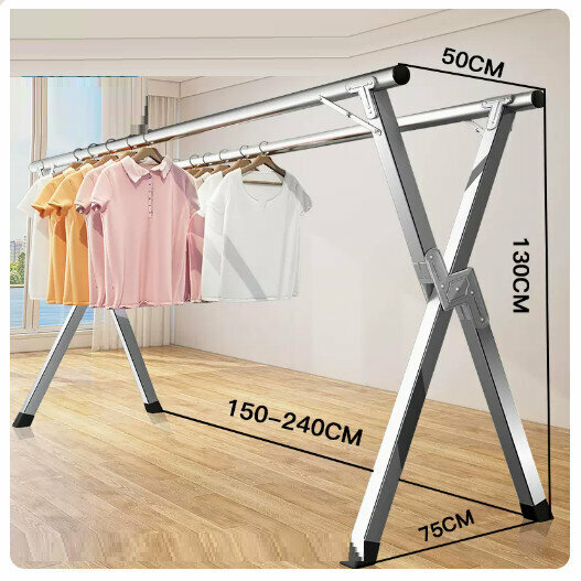 Hot push stainless steel clothes drying rack [stainless steel thickened double pole 2.4 meters + 30 windproof hooks]
