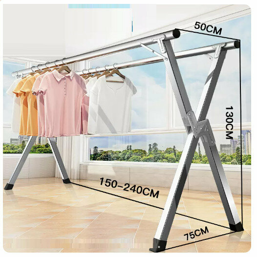Hot push stainless steel clothes drying rack [stainless steel thickened double pole 2.4 meters + 30 windproof hooks]