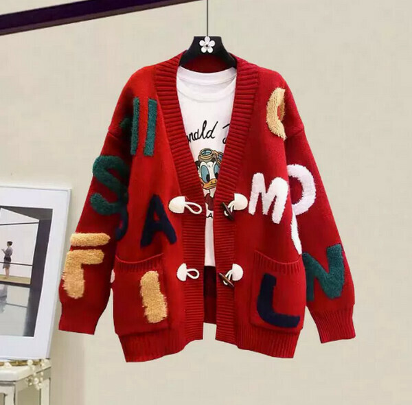 English letter sweater jacket cardigan # single piece (red) [M-4XL size] [contact customer service to confirm size after placing an order]]