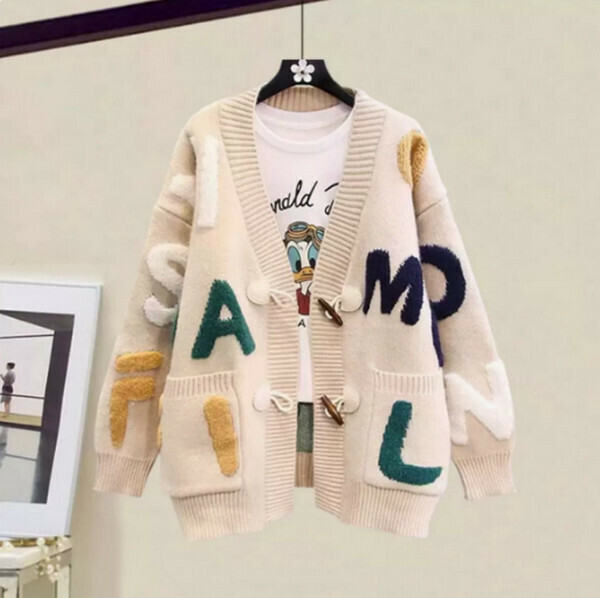 English letter sweater jacket cardigan # single piece (apricot) [M-4XL size] [contact customer service to confirm size after placing an order]]