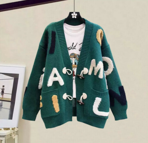 English letter sweater jacket cardigan # single piece (green) [M-4XL size] [contact customer service to confirm size after placing an order]]