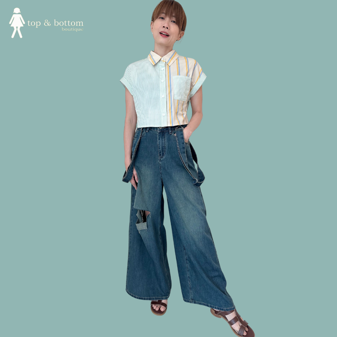DENIM WIDE LEG LONG JEANS W SUSPENDER